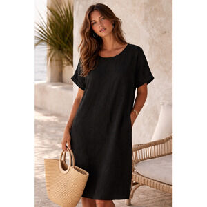 Fenini Womens Linen Dress Medium Black Shift Lagenlook Lagom Coastal Minimalist